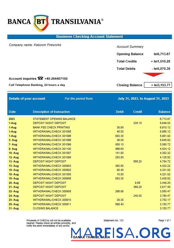 Downloadable Banca Transilvania company account statement Word and PDF template